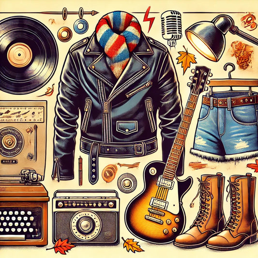 teckan 2dbild med kläder och instrument för rockabilly