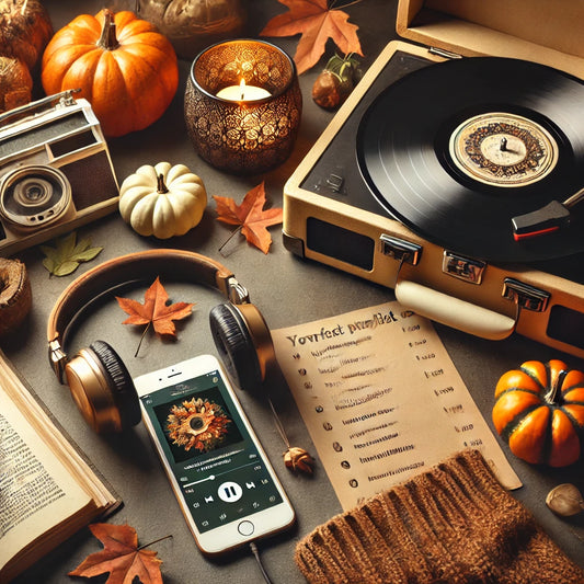 mysig bild på bord med musikspelare, hörlurar och mobil med musikapp