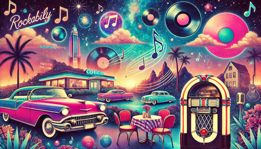 Picture of a lot of rockabilly object such as cars, kareoke machines etc